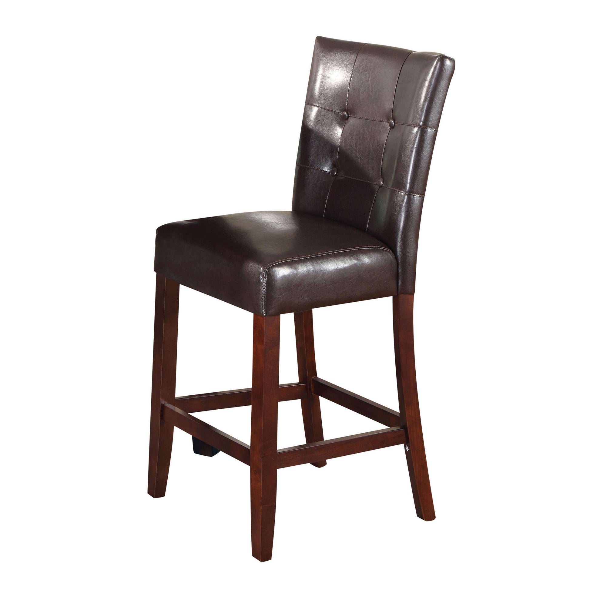 Dark brown faux leather tufted back bar stool with mahogany wood legs