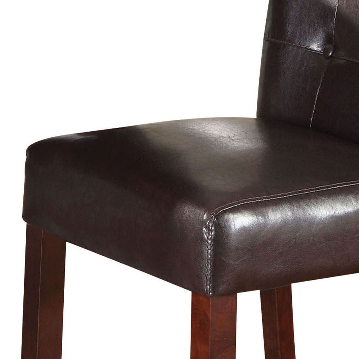 Dark brown faux leather bar stool seat with stitched detailing and wooden legs