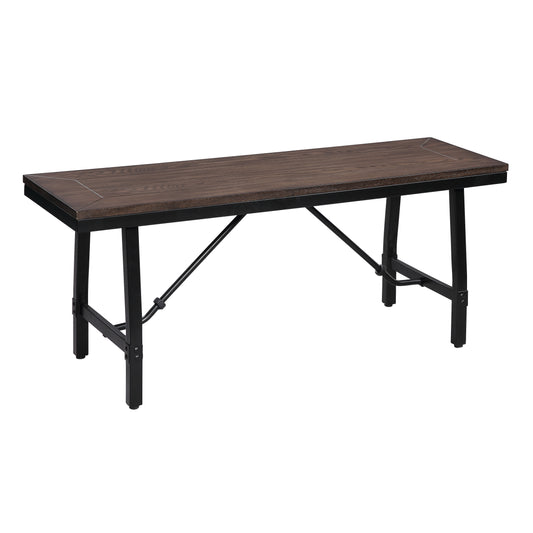 Dark oak dining bench with black metal frame and legs
