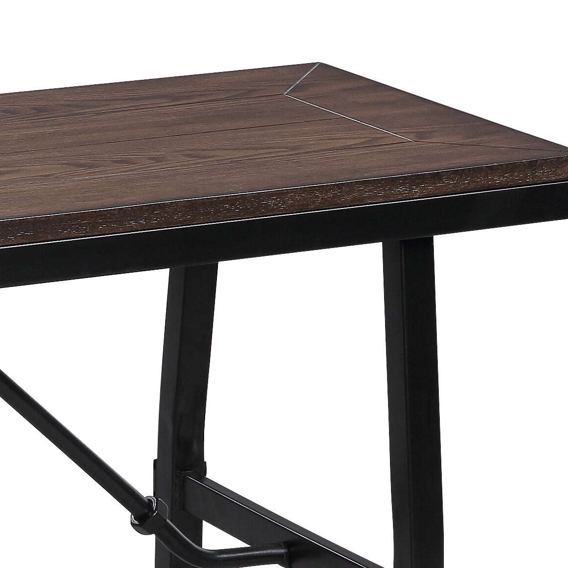 Dark wood plank desktop with a black metal frame for this industrial bar table