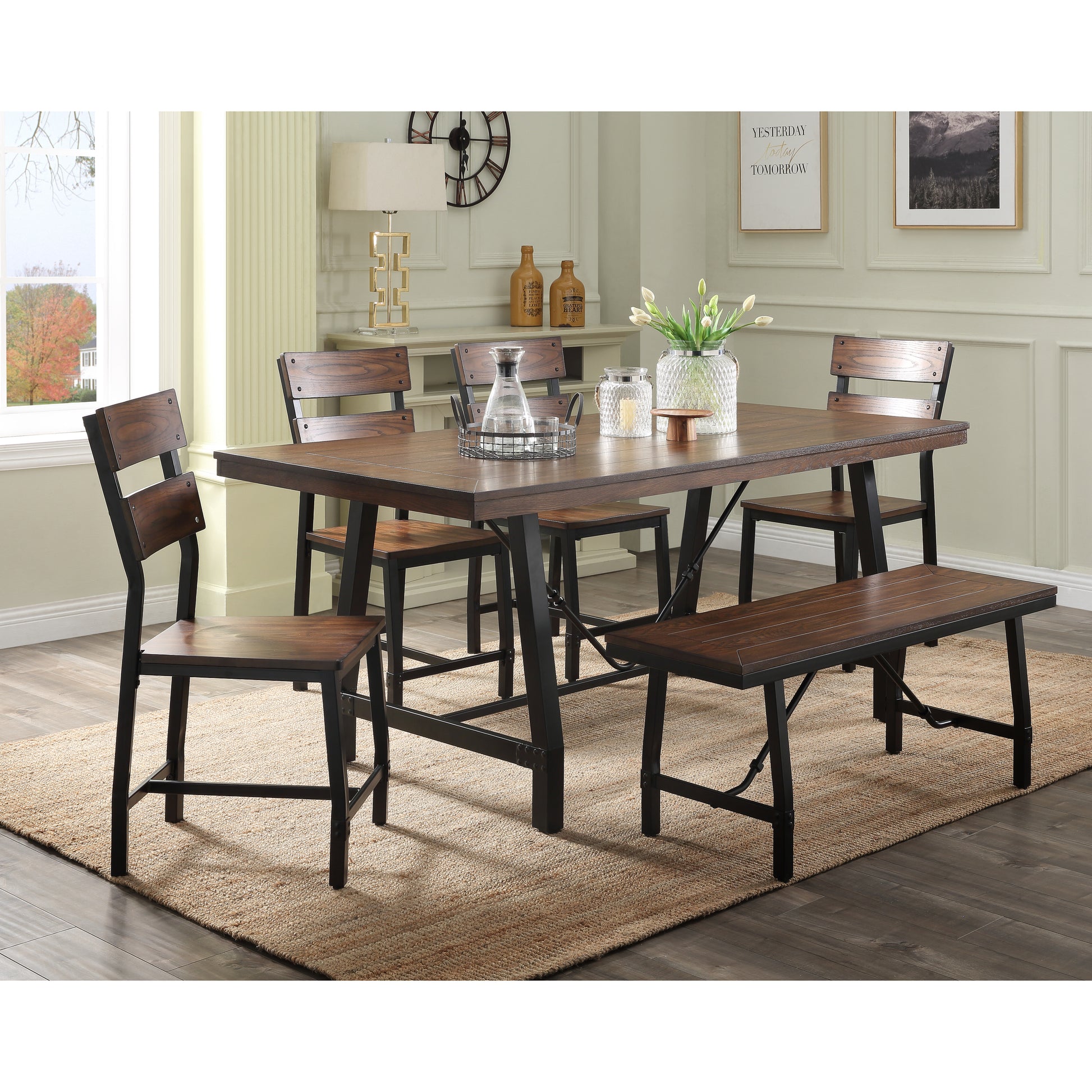 Farmhouse dining set with dark wood table metal frame chairs and bench