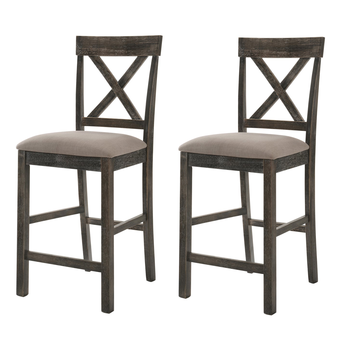 Pair of dark wood Xback counter stools with grey fabric seats perfect for a rustic kitchen island