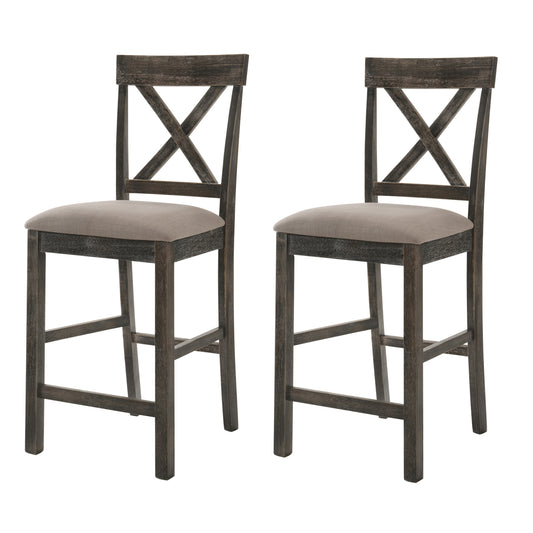 Pair of dark wood Xback counter stools with grey fabric seats perfect for a rustic kitchen island