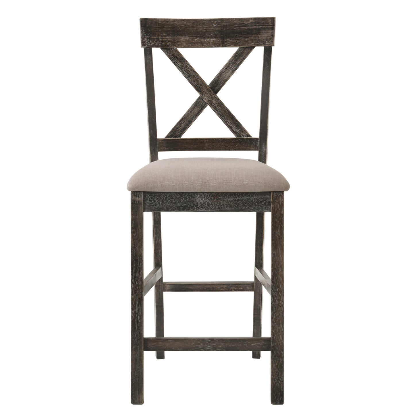 Dark wood bar stool with gray upholstered seat and Xback design