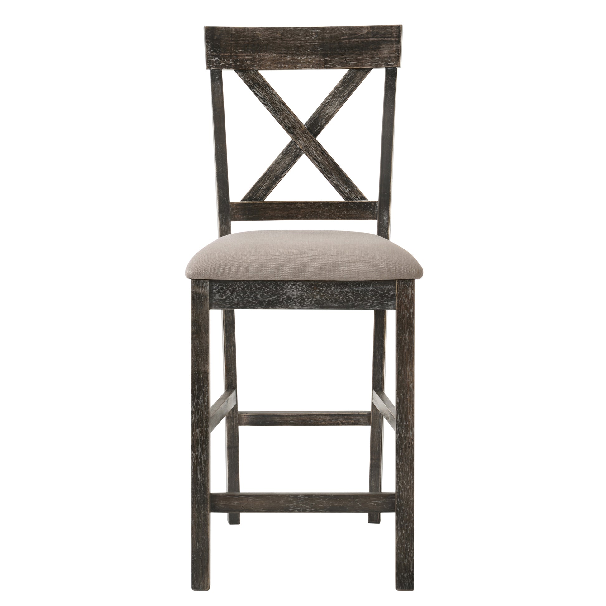 Dark wood bar stool with gray upholstered seat and Xback design