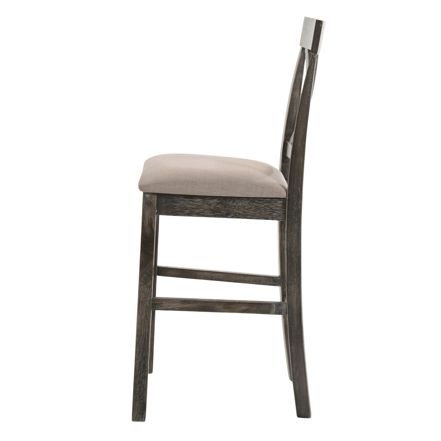 Dark grey wooden bar stool with a light grey upholstered seat perfect for kitchen islands