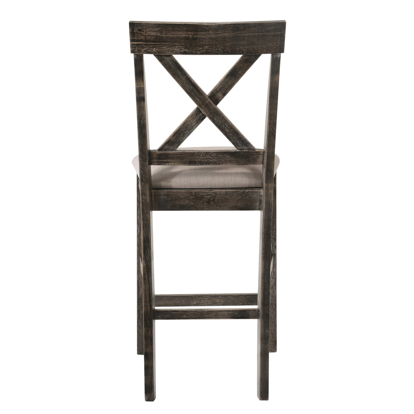 Distressed dark wood bar stool with Xback detail and neutral upholstered seat