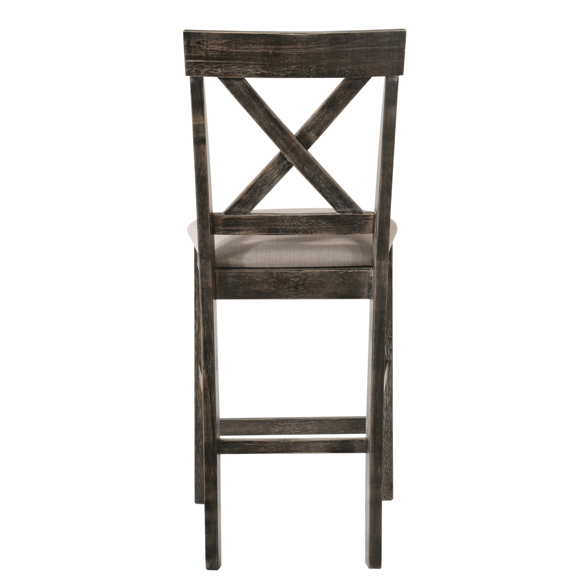 Distressed dark wood bar stool with Xback detail and neutral upholstered seat