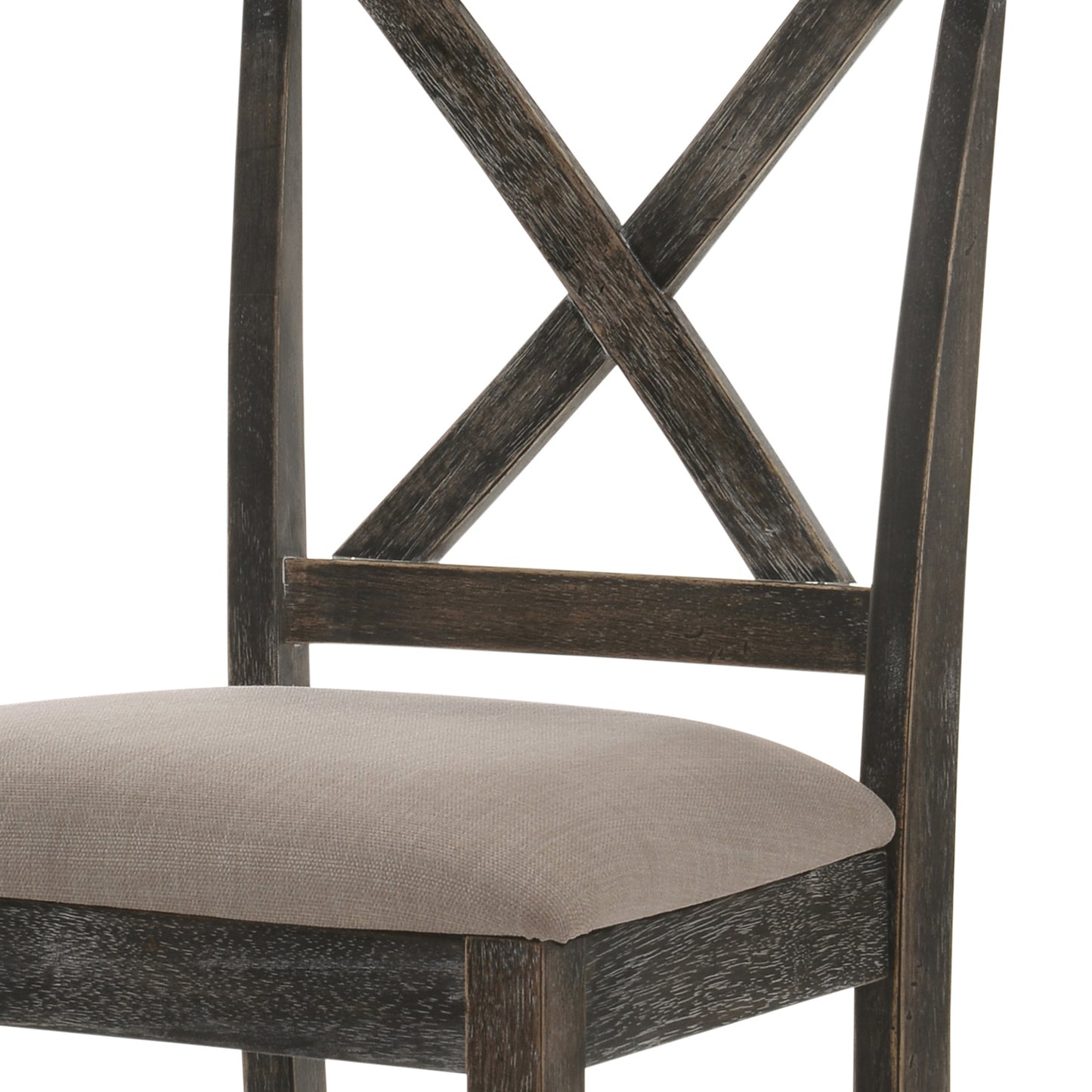 Rustic dark wood dining chair with a beige upholstered seat and an Xback design