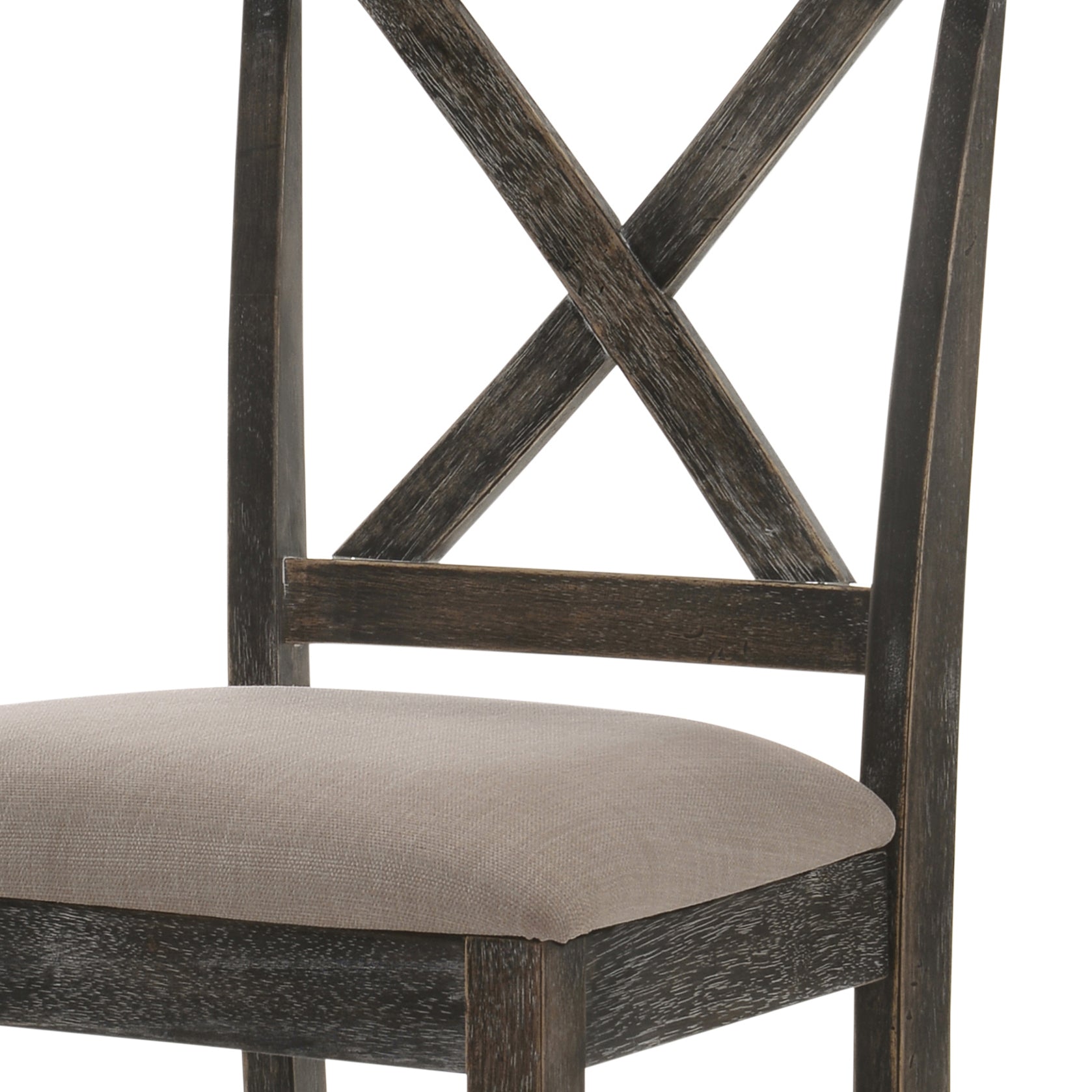Rustic dark wood dining chair with a beige upholstered seat and an Xback design
