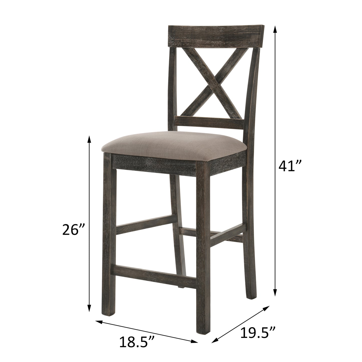 Dark wood counter height bar stool with distressed finish and Xback design