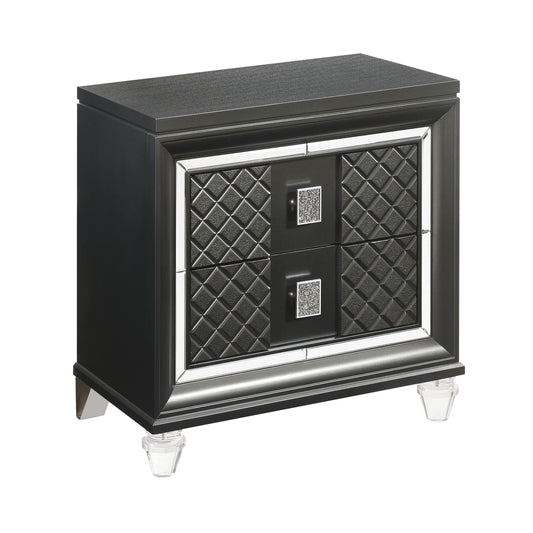 Black upholstered nightstand with two drawers featuring diamond quilting and crystal knobs