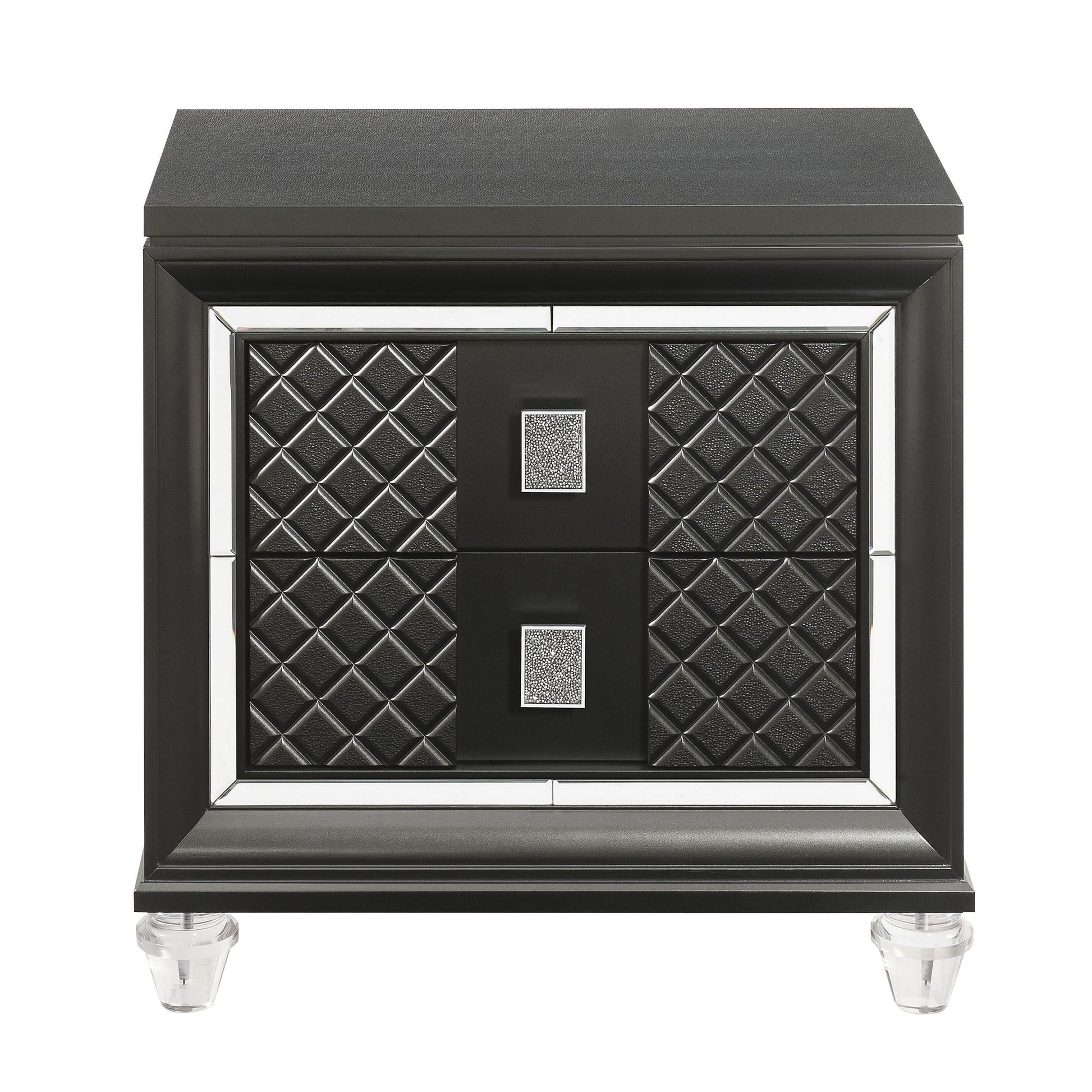 Black faux leather nightstand with diamond tufting and crystal knobs