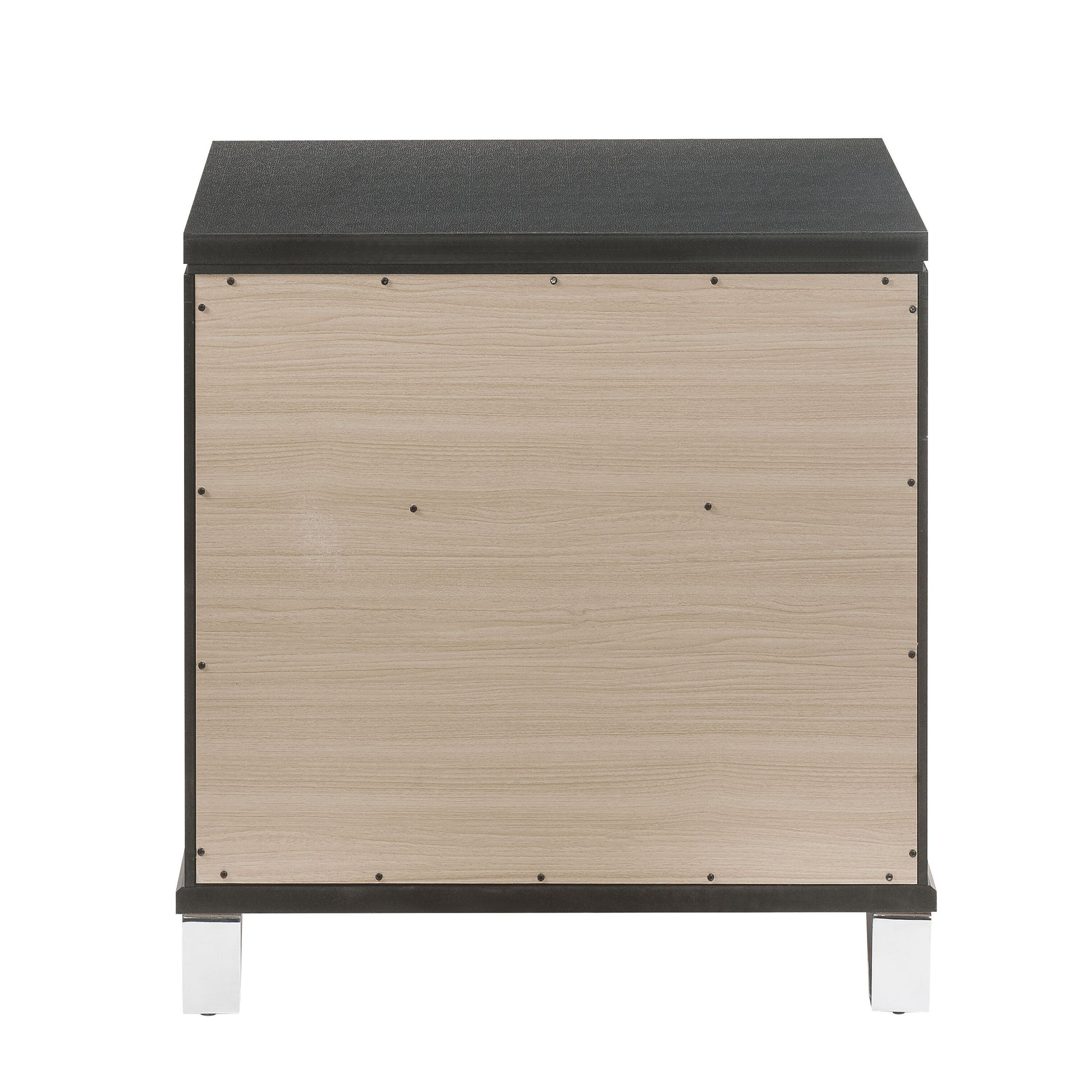 Dark grey textured top on light wood bedside table with chrome legs