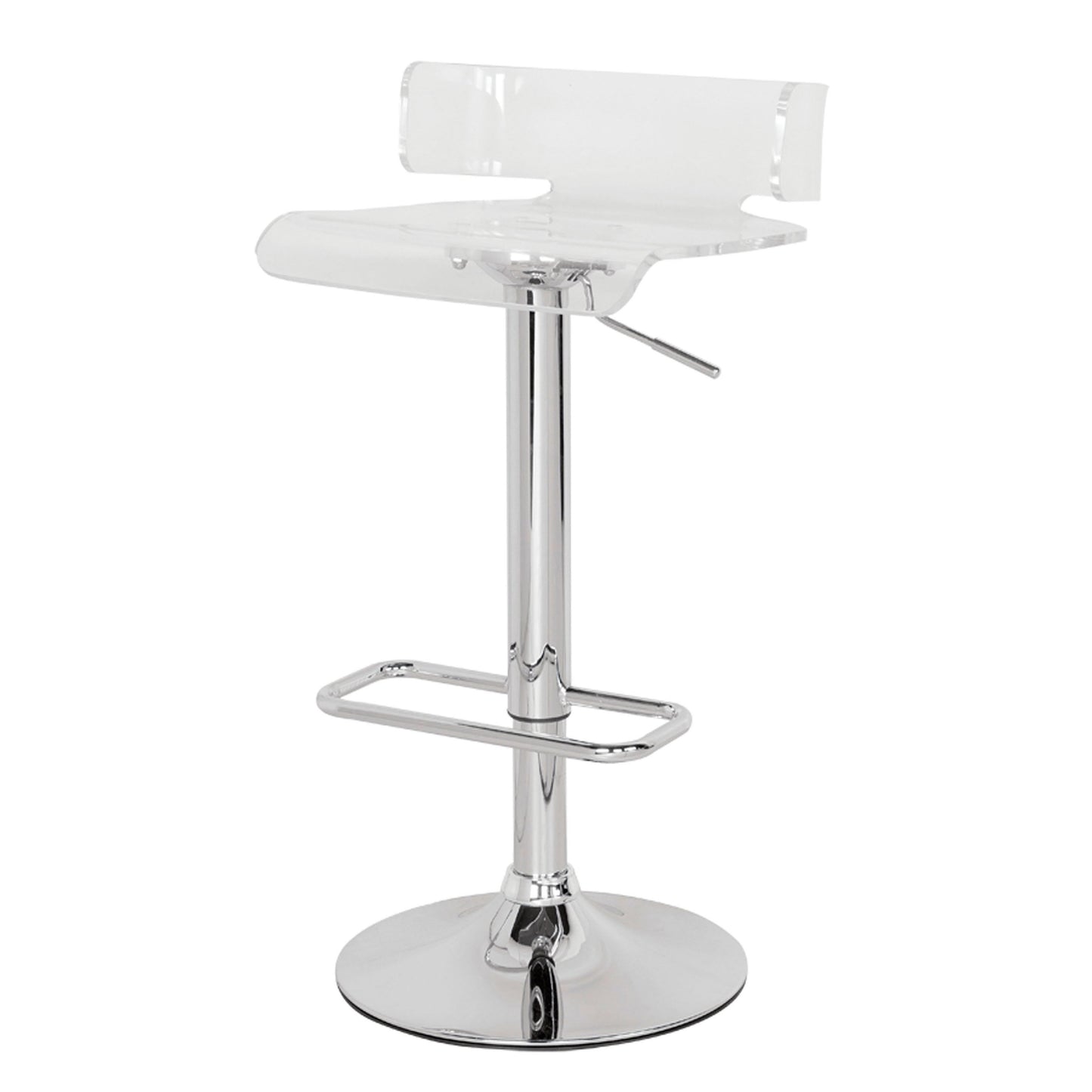 Clear acrylic bar stool with adjustable height and chrome base