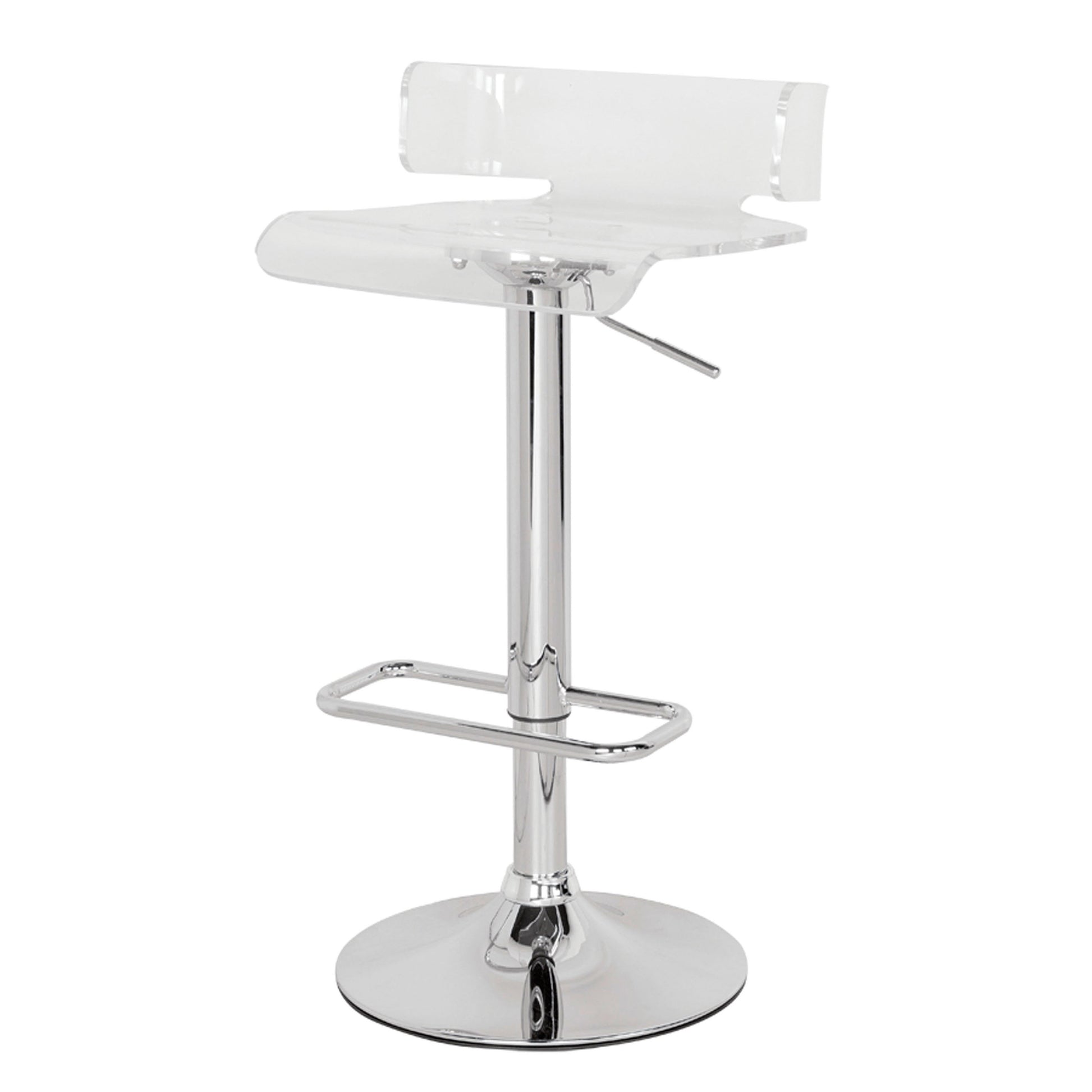 Clear acrylic bar stool with adjustable height and chrome base