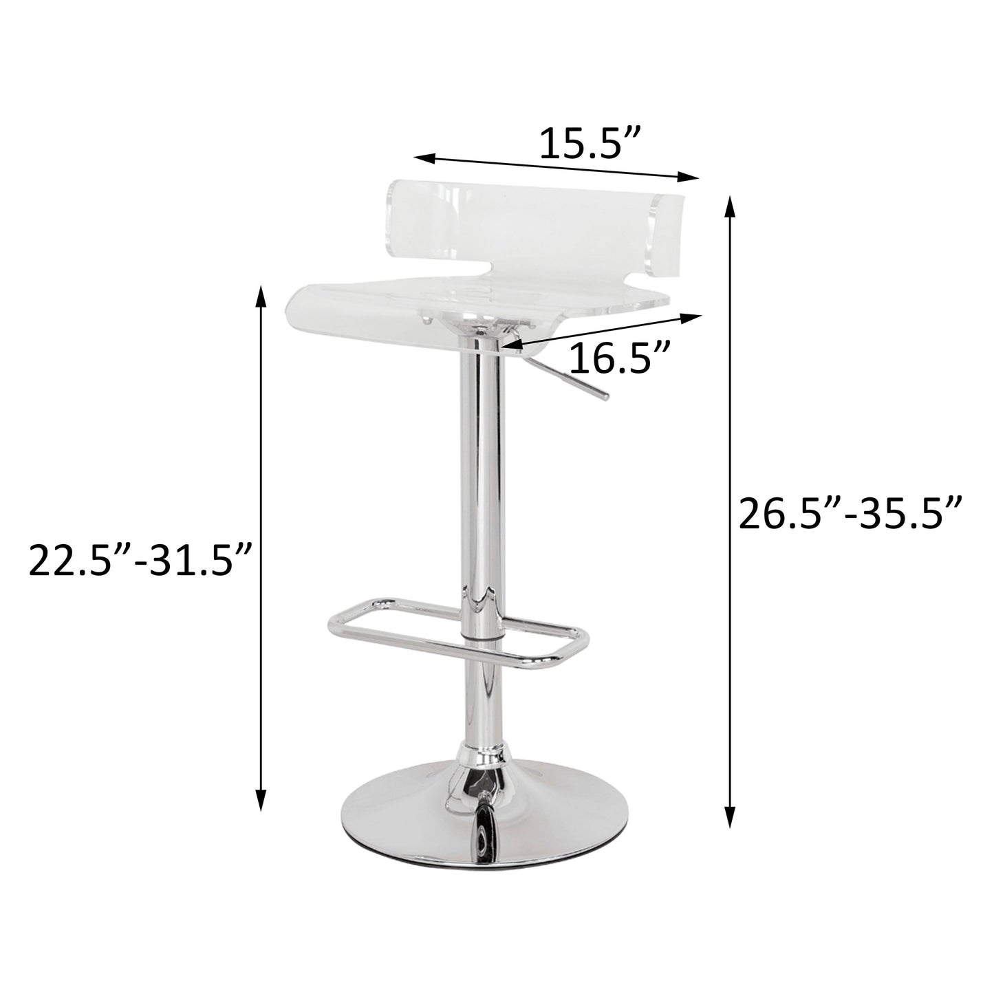 Clear acrylic bar stool with adjustable height and chrome base