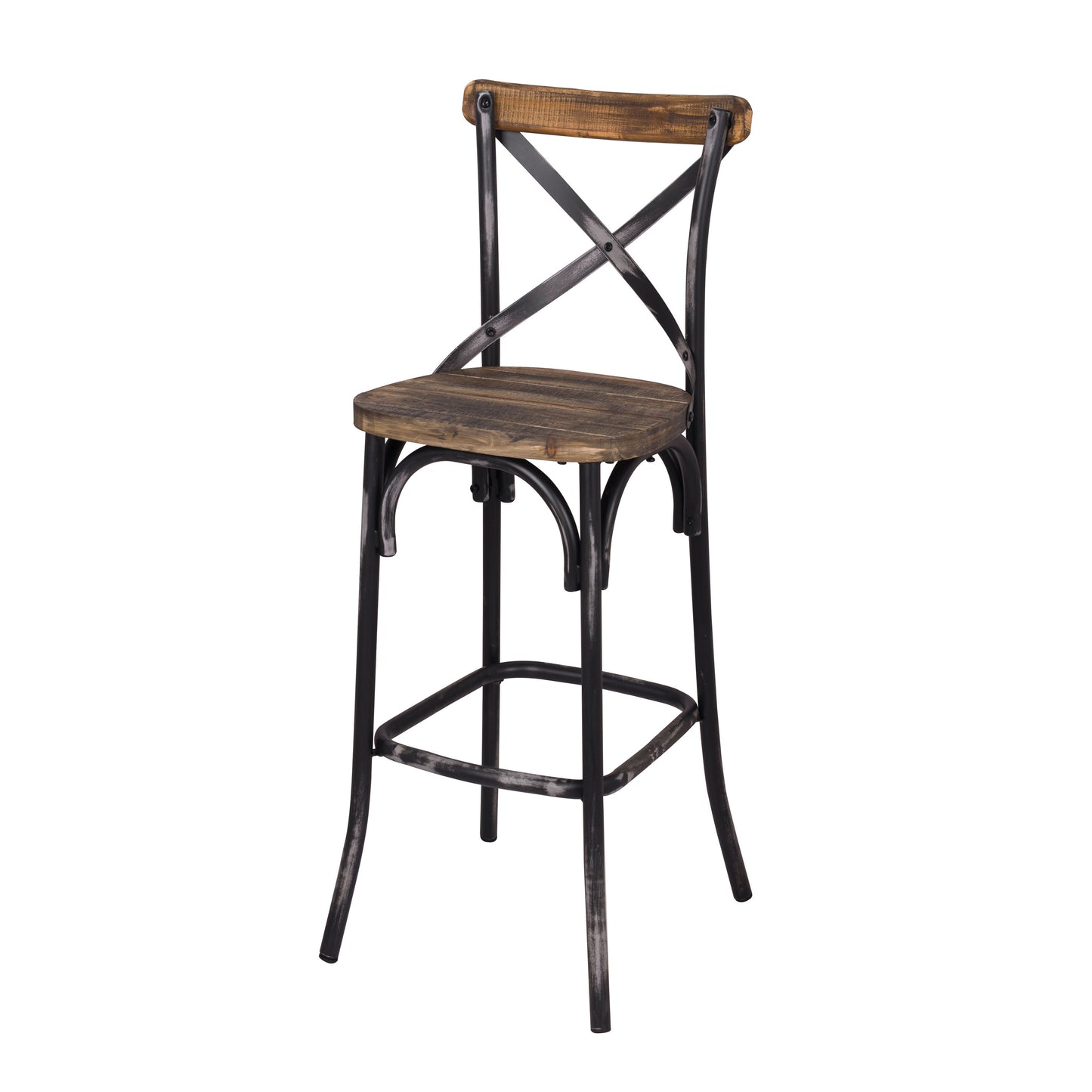 Rustic industrial bar stool with distressed wood seat and black metal frame