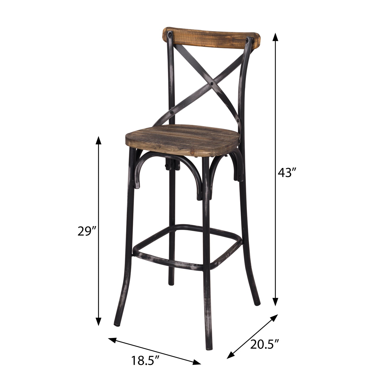 Industrial style bar stool with a distressed wood seat and black metal frame