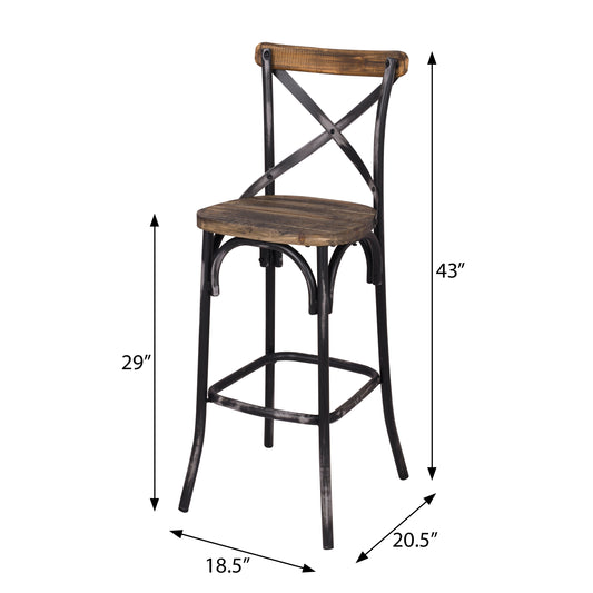 Industrial style bar stool with a distressed wood seat and black metal frame