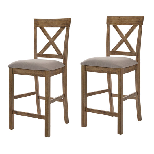Two rustic wooden bar stools with grey upholstered seats and Xback design