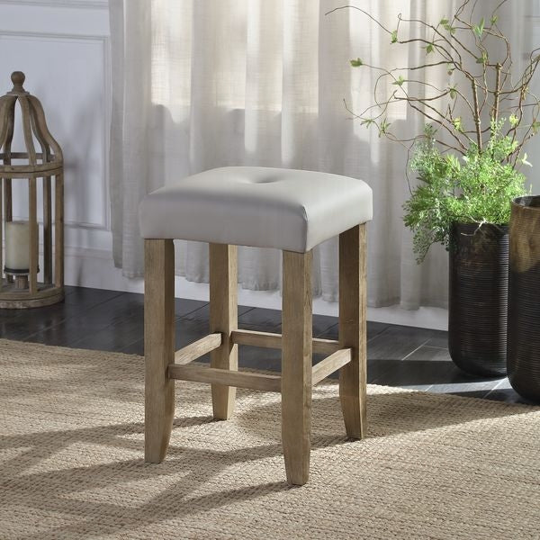 Light grey tufted upholstered bar stool with natural wood legs
