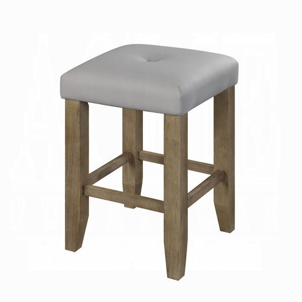 Gray tufted upholstered counter stool with natural wood legs