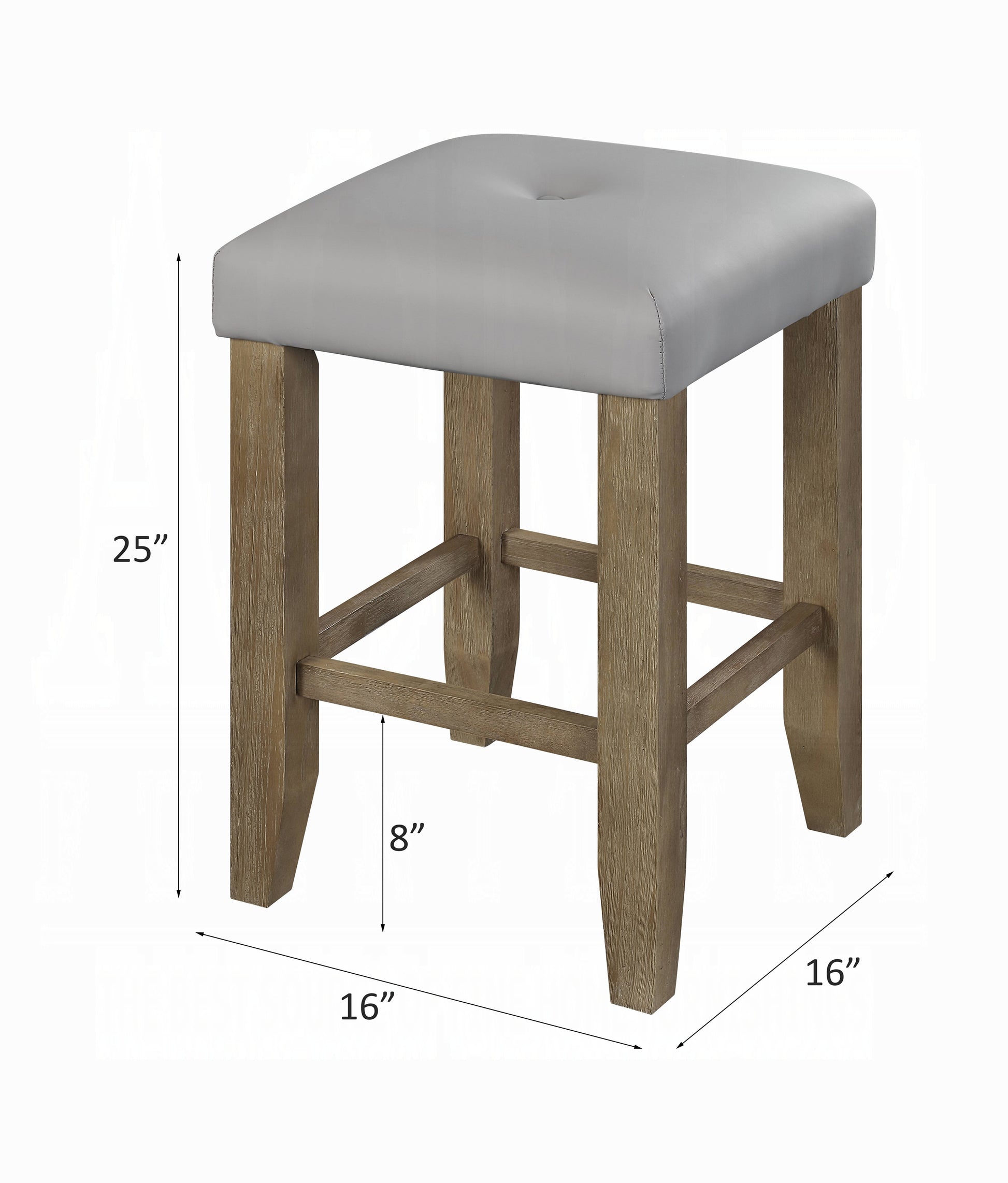 Square padded grey faux leather stool with button tufting and distressed wood legs