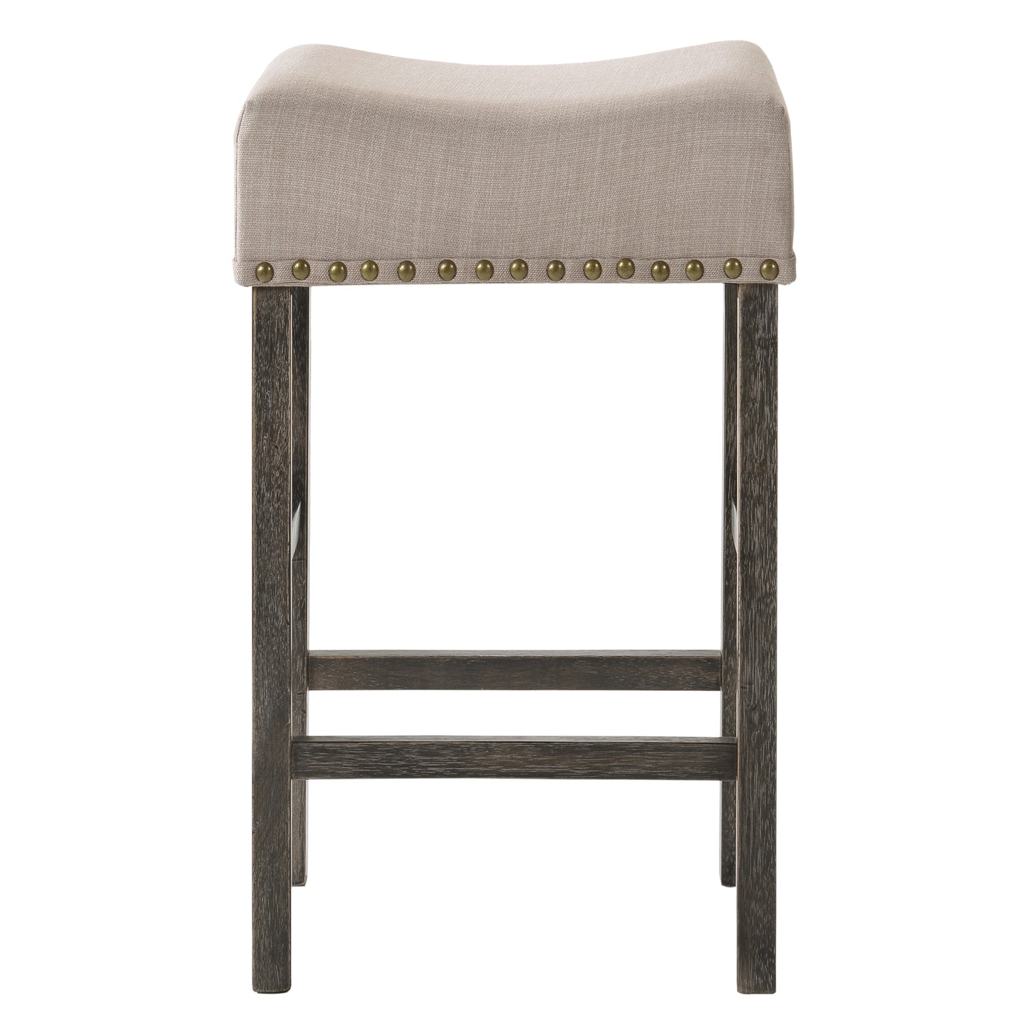Textured beige fabric saddle stool with decorative brass nailhead trim and dark wood legs