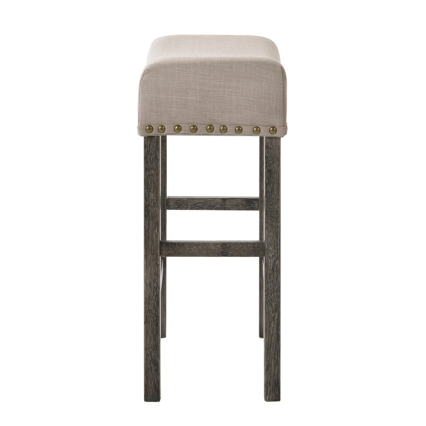 Beige upholstered bar stool with nailhead trim and dark wood legs