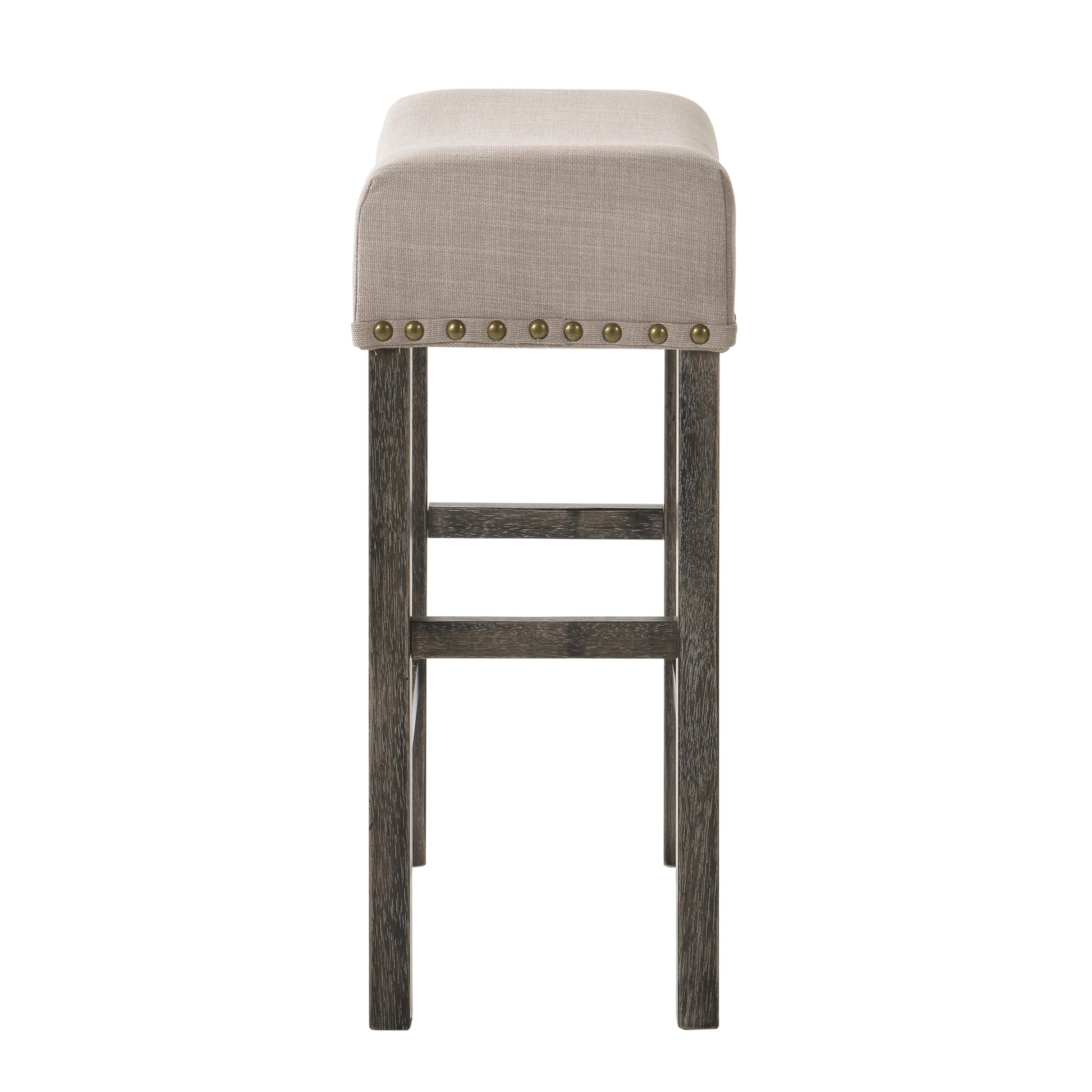 Beige upholstered bar stool with nailhead trim and dark wood legs