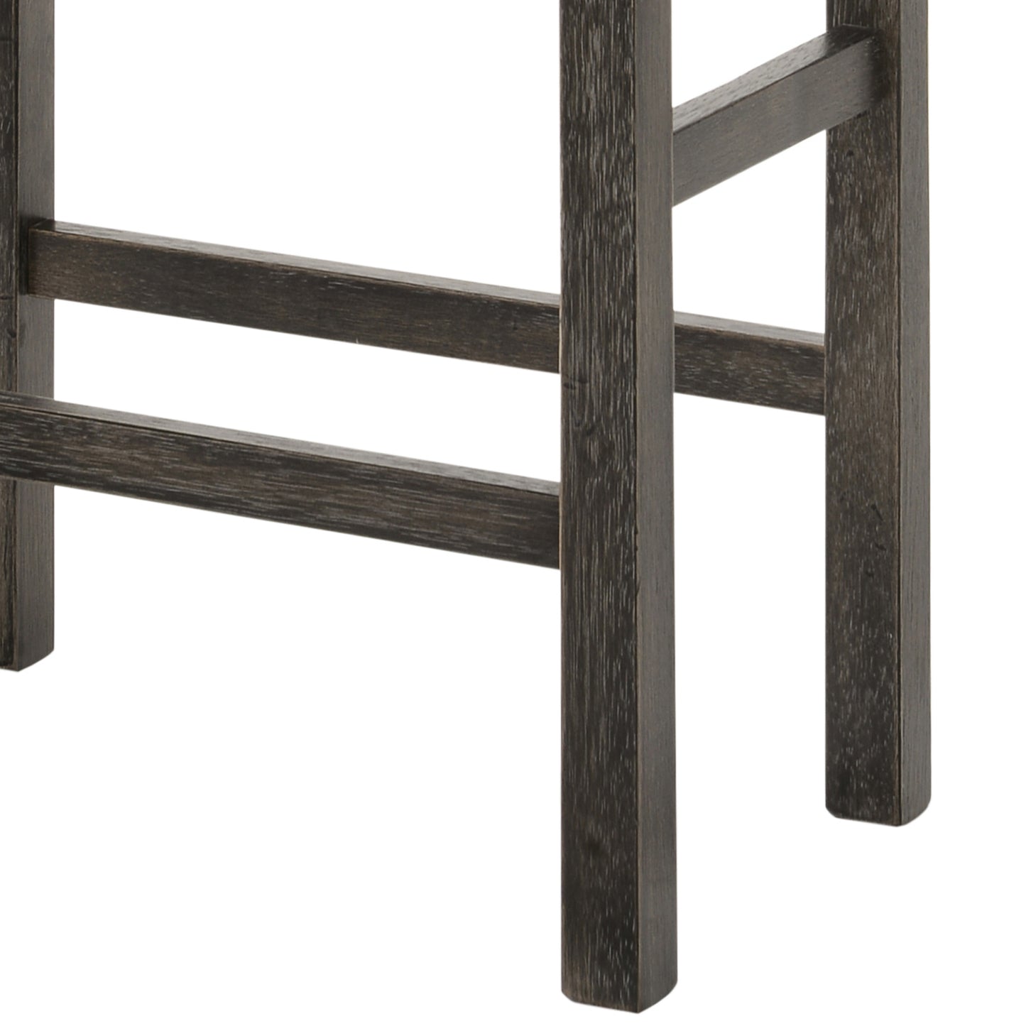 Closeup of dark distressed wood bar stool legs with crossbars