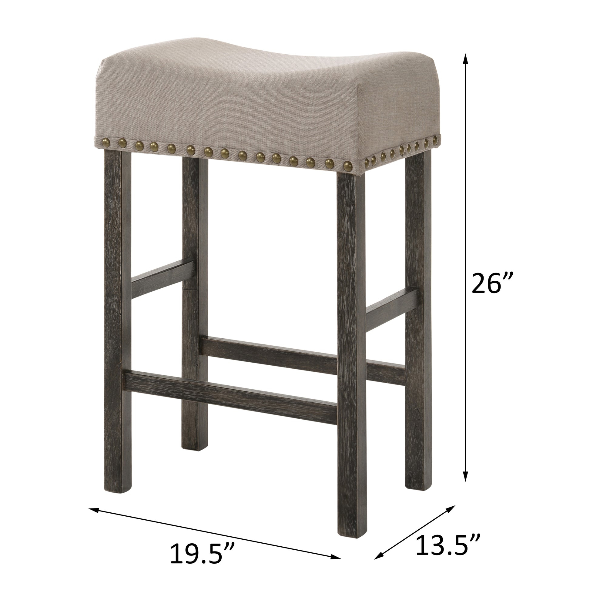 Tan fabric upholstered saddle stool with antique brass nailhead trim and dark oak legs