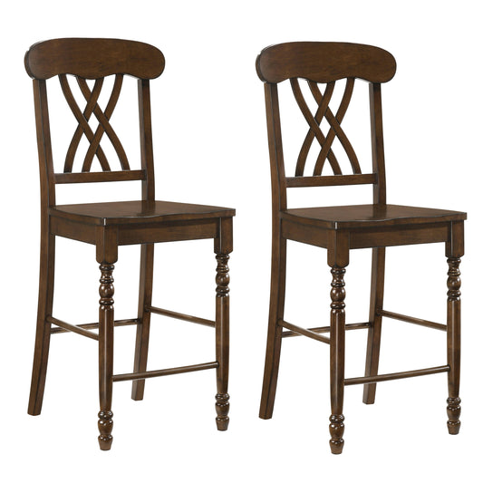 Two dark wood bar stools with crossover back detail and turned legs
