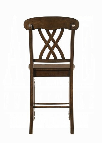 Dark brown wooden bar stool with a classic lattice back design and a comfortable seat