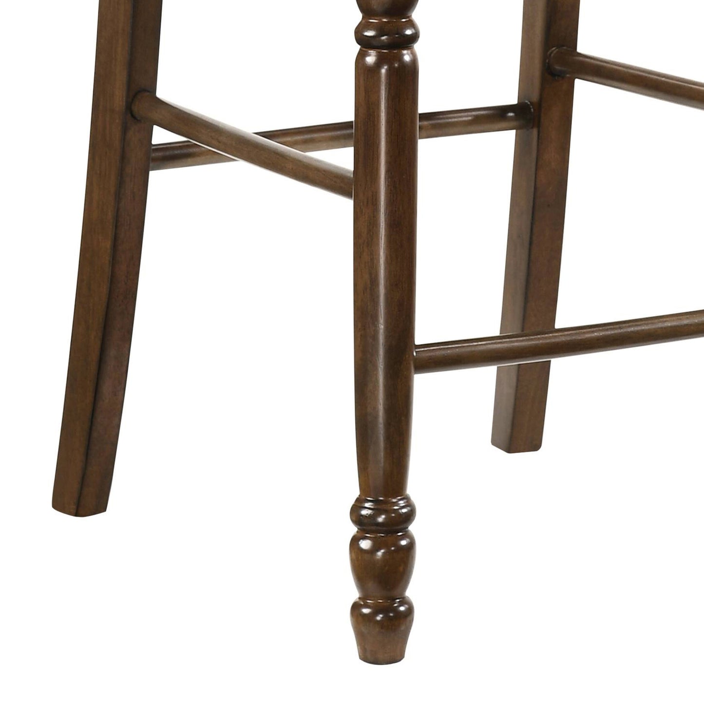 Dark brown wooden bar stool legs with carved detailing and horizontal support rails