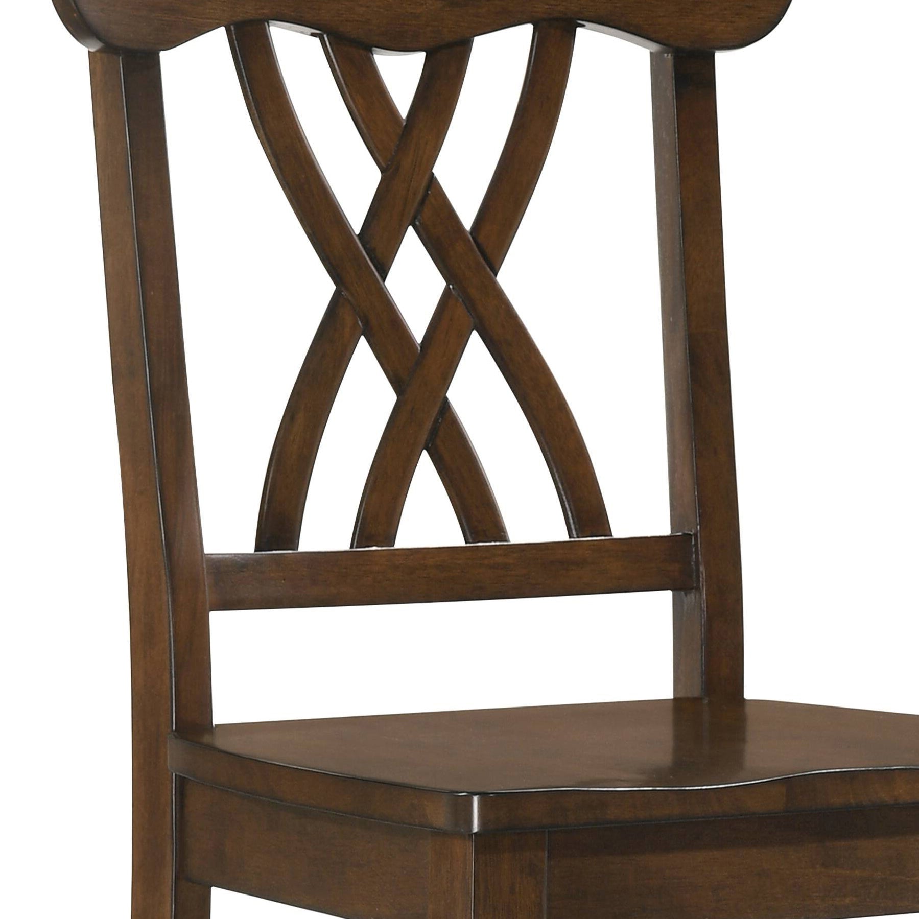 Closeup of a dark wood dining chair with an Xshaped backrest design