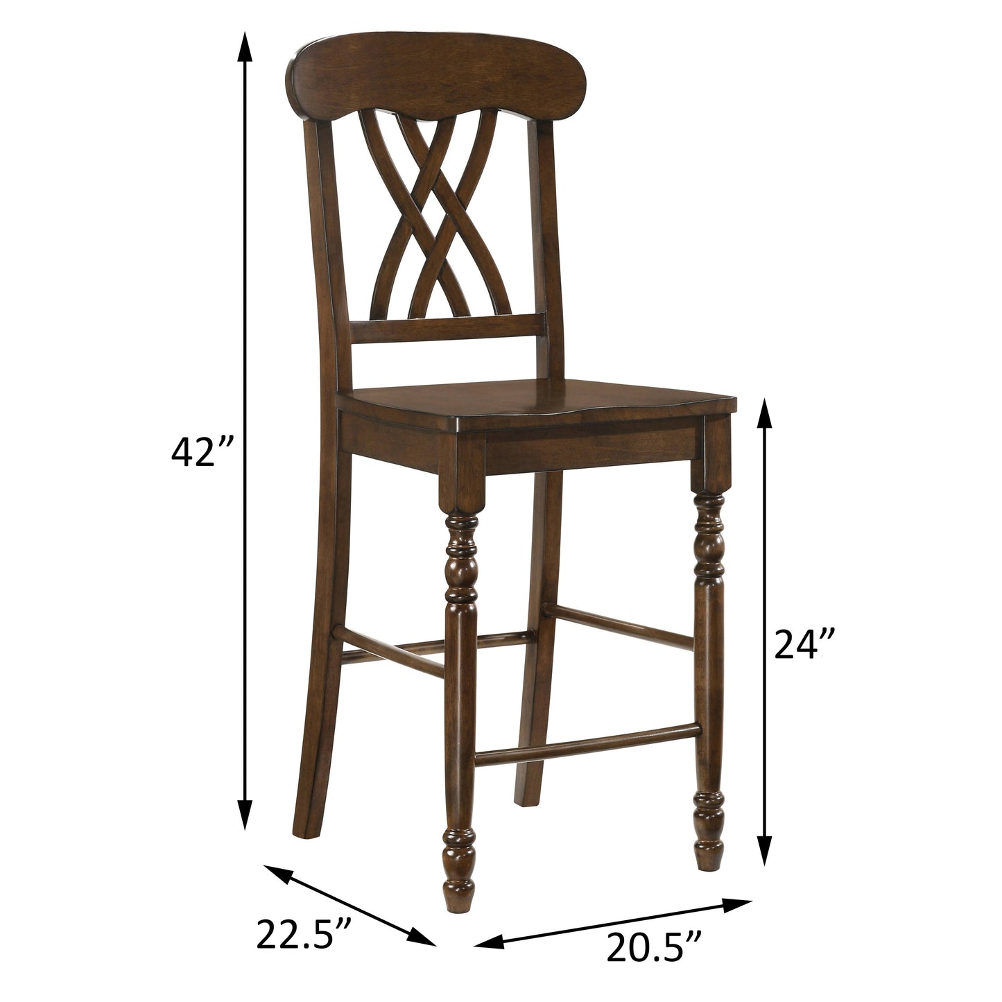 Dark brown wooden bar stool with decorative crisscross back and turned legs