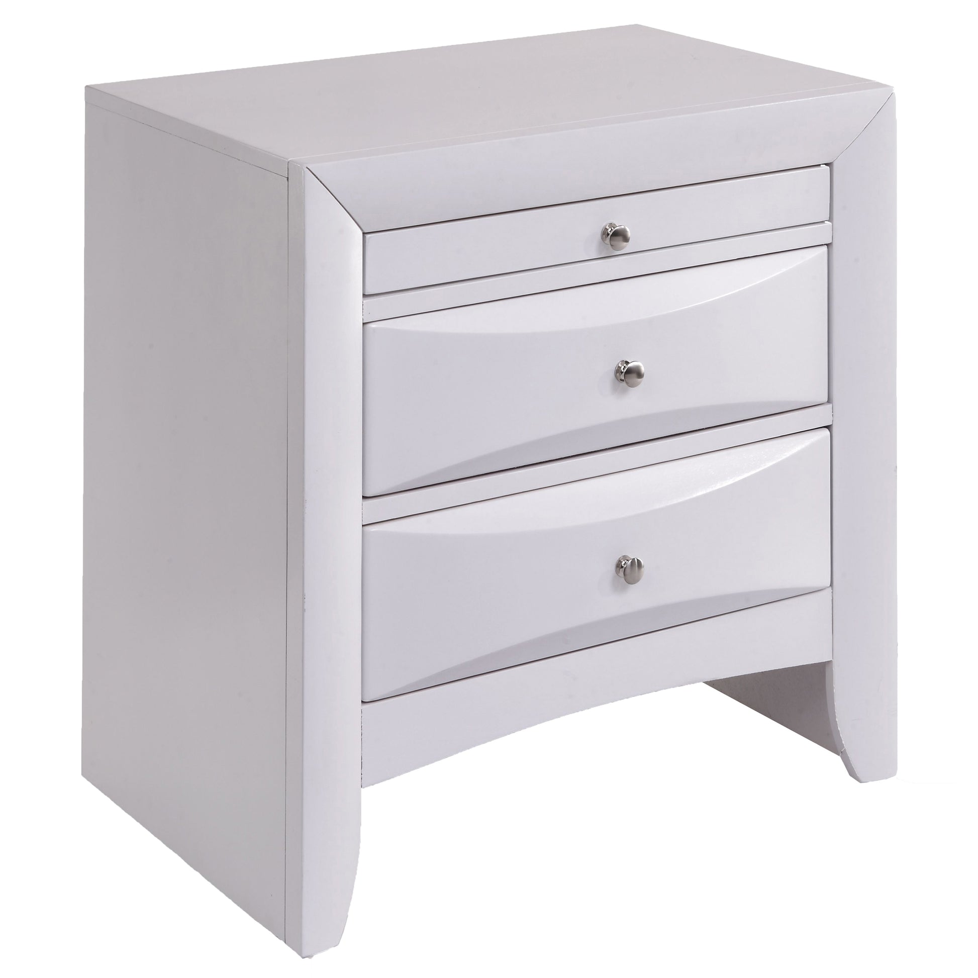 White threedrawer modern nightstand with curved drawer fronts and silver knobs