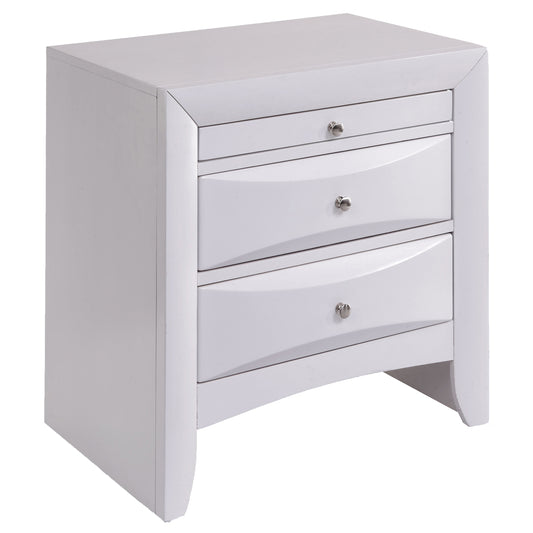 White threedrawer modern nightstand with curved drawer fronts and silver knobs