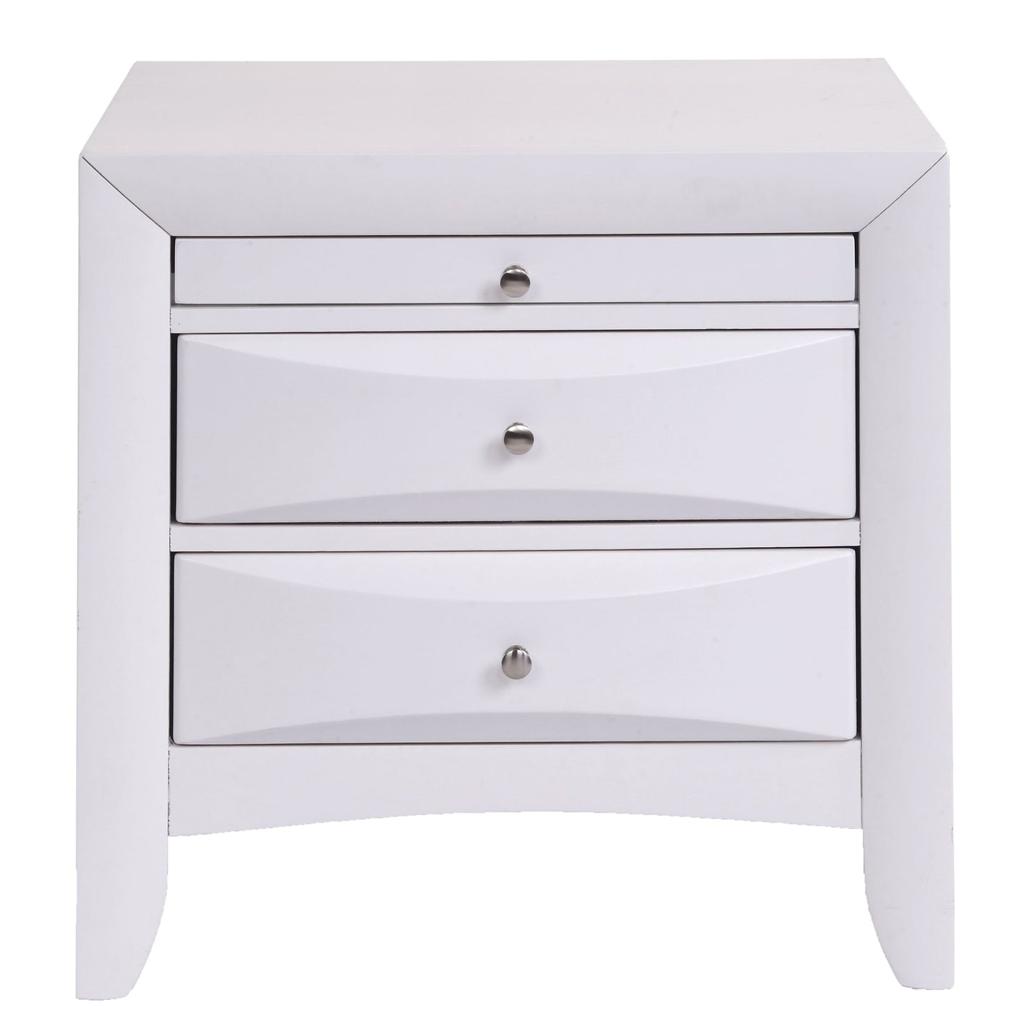 Modern white nightstand with three drawers and silver pulls