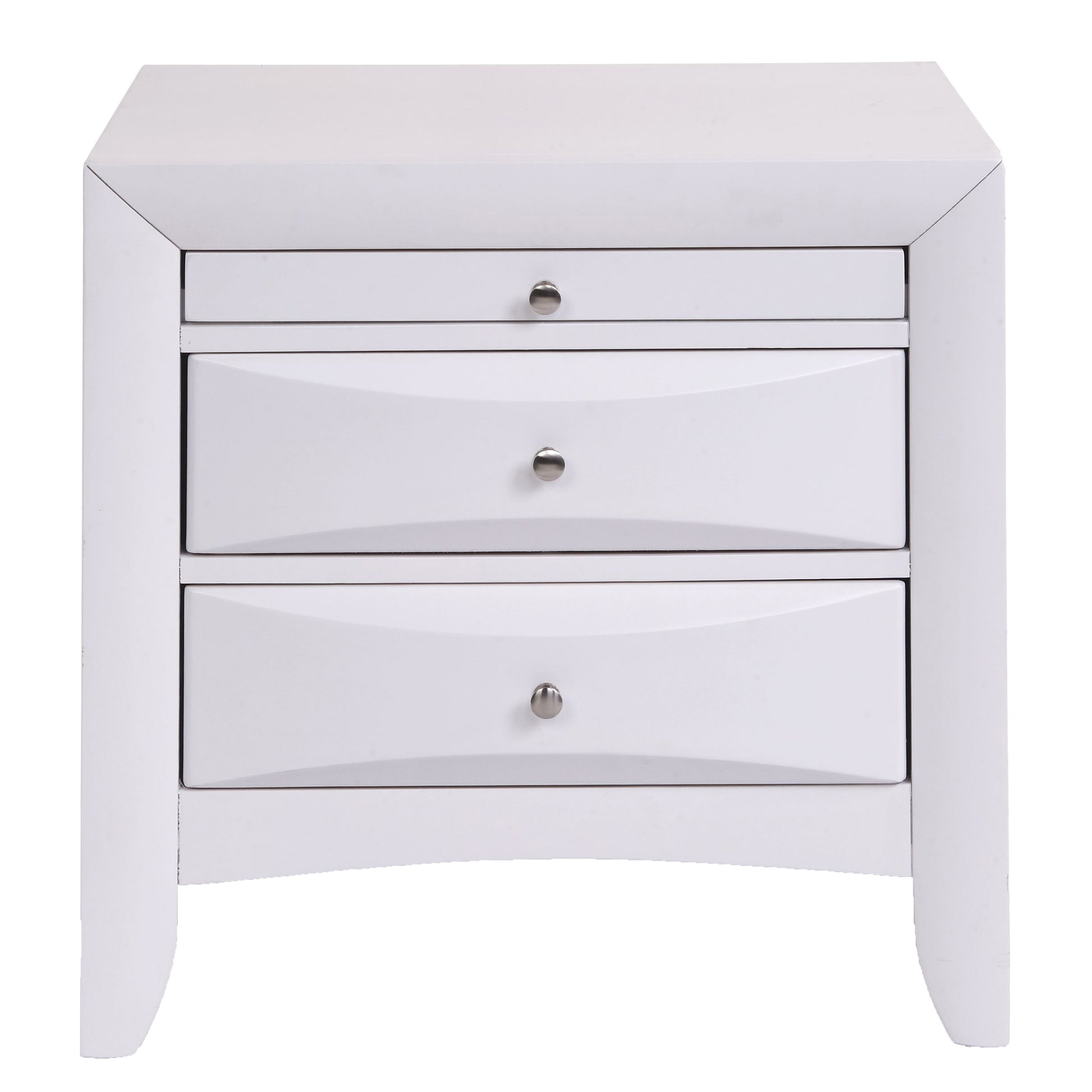 Modern white nightstand with three drawers and silver pulls
