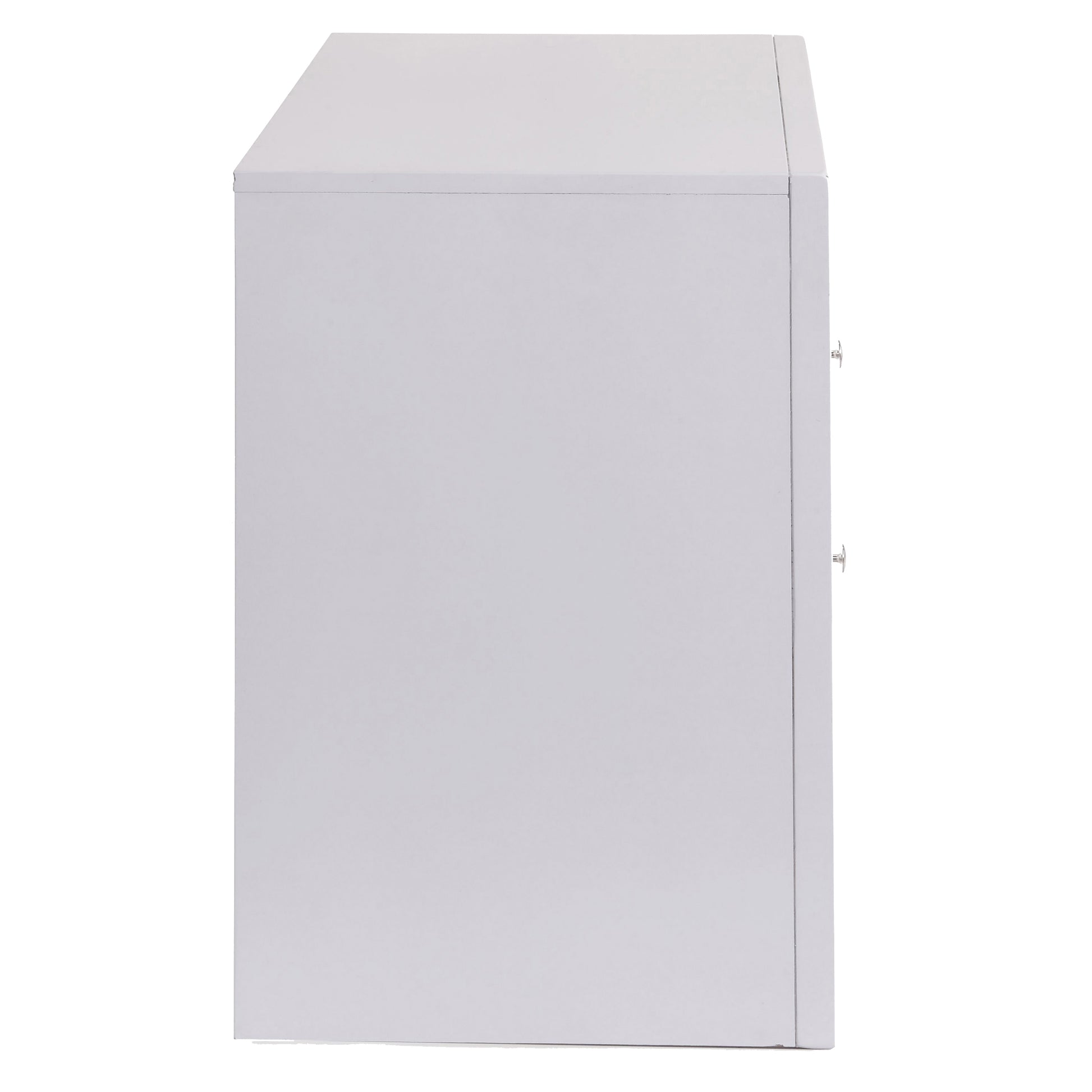White bedside table with two drawers and silver knobs
