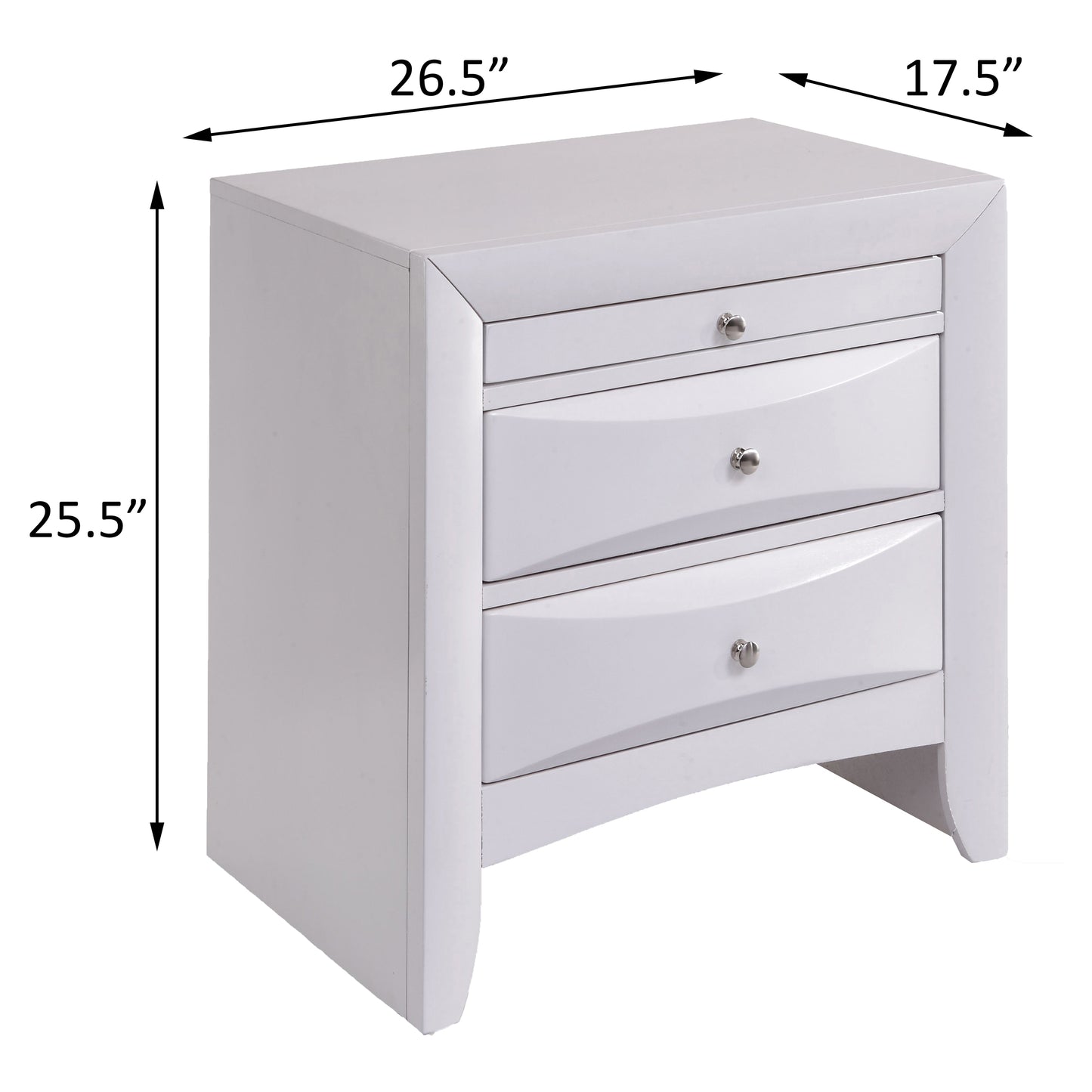 White modern threedrawer nightstand with silver knobs and curved drawer fronts