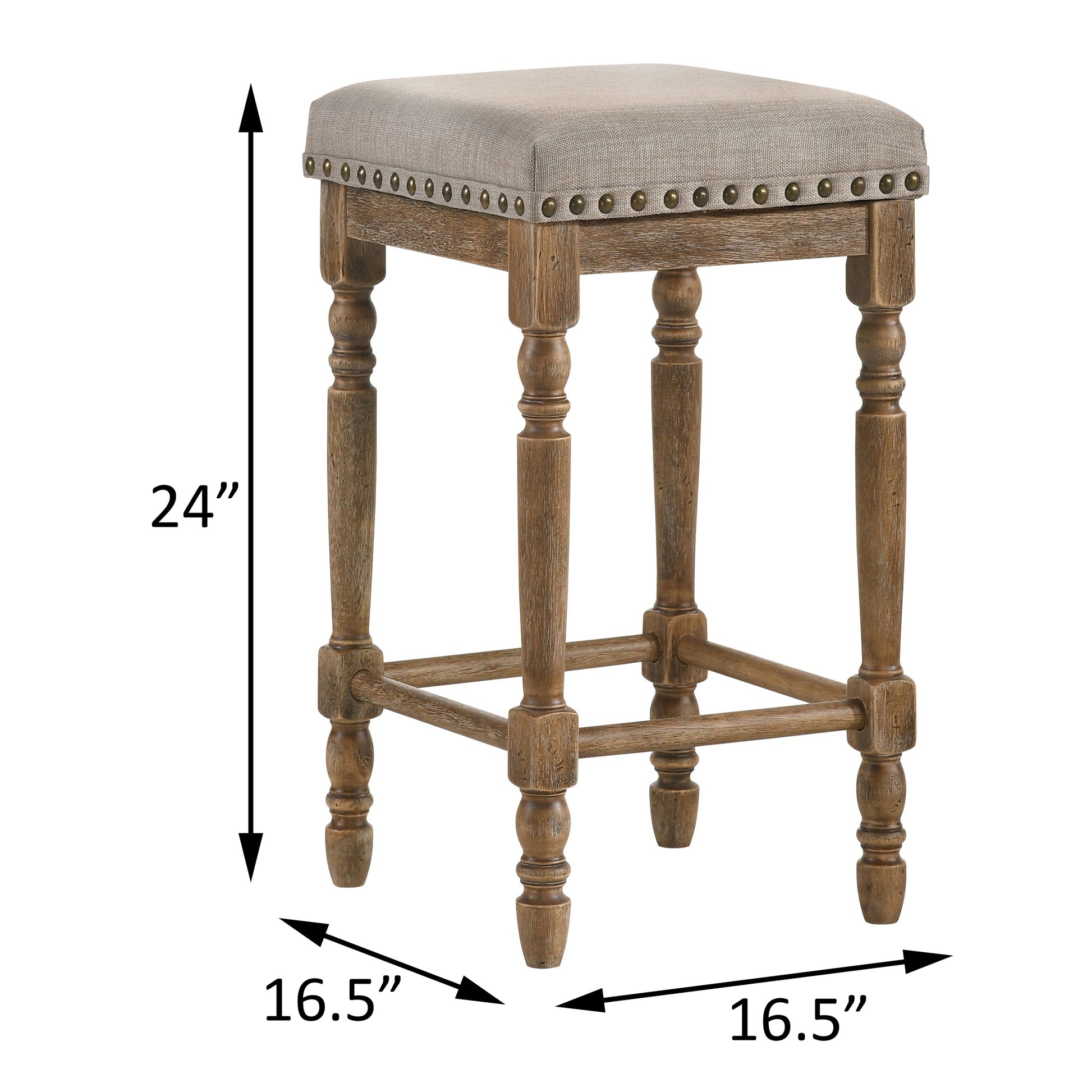 Distressed wood bar stool with tufted beige fabric seat and nailhead trim