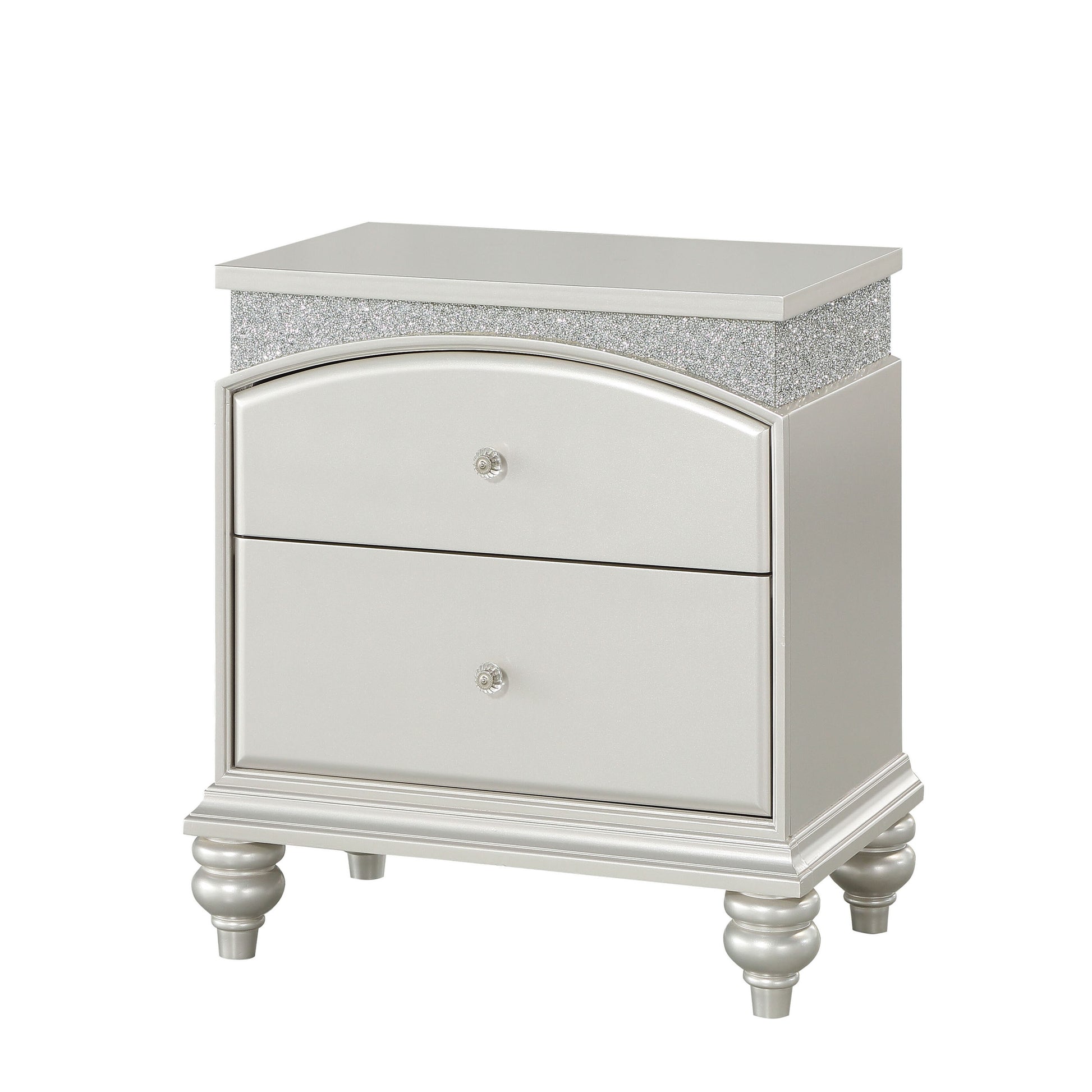 Glamorous silver twodrawer nightstand with crystal knobs and a glitter accent band