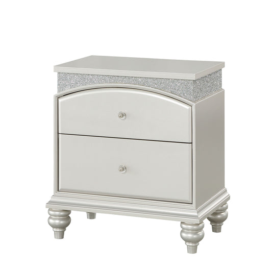 Glamorous silver twodrawer nightstand with crystal knobs and a glitter accent band
