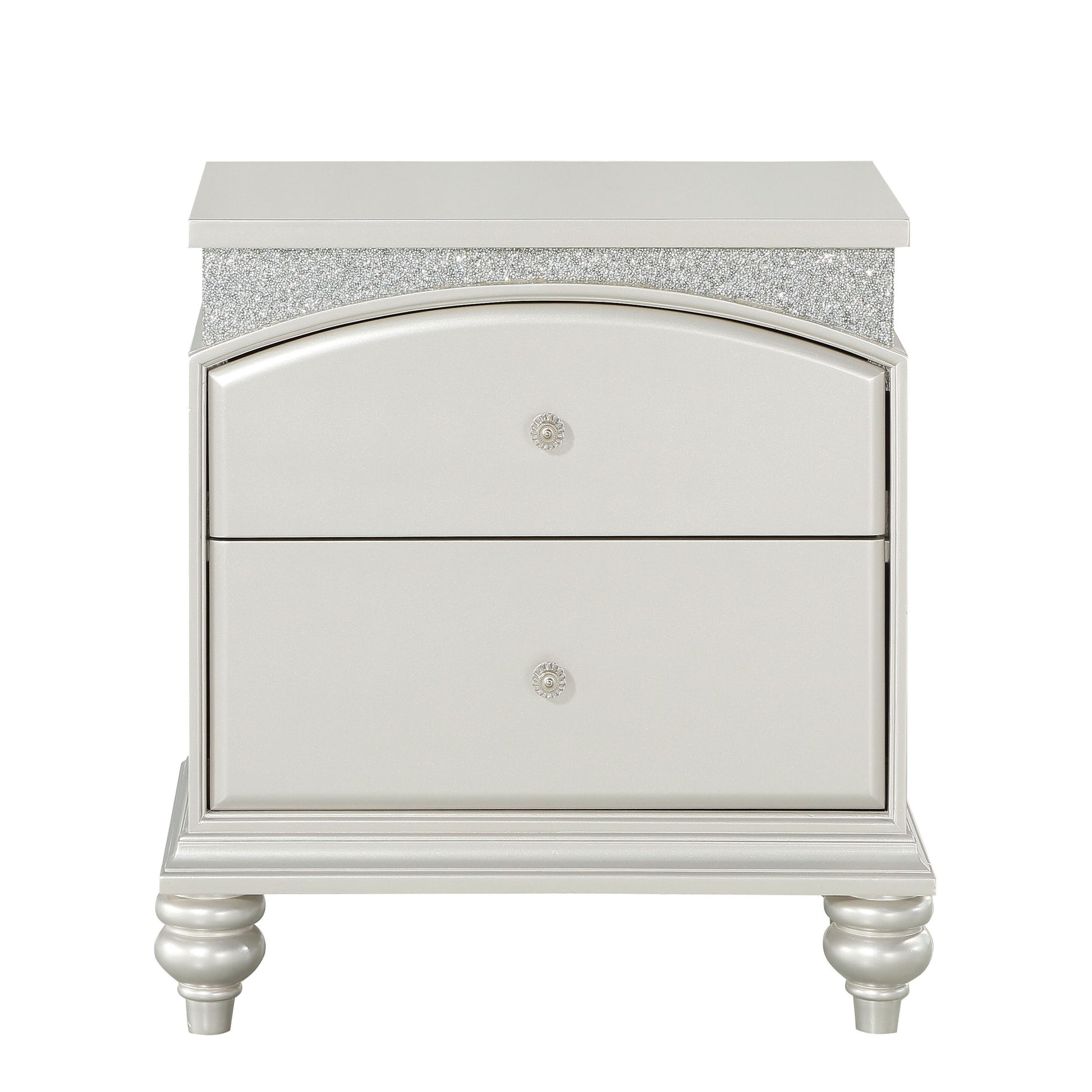 Glamorous silver nightstand with crystallike accents and two drawers