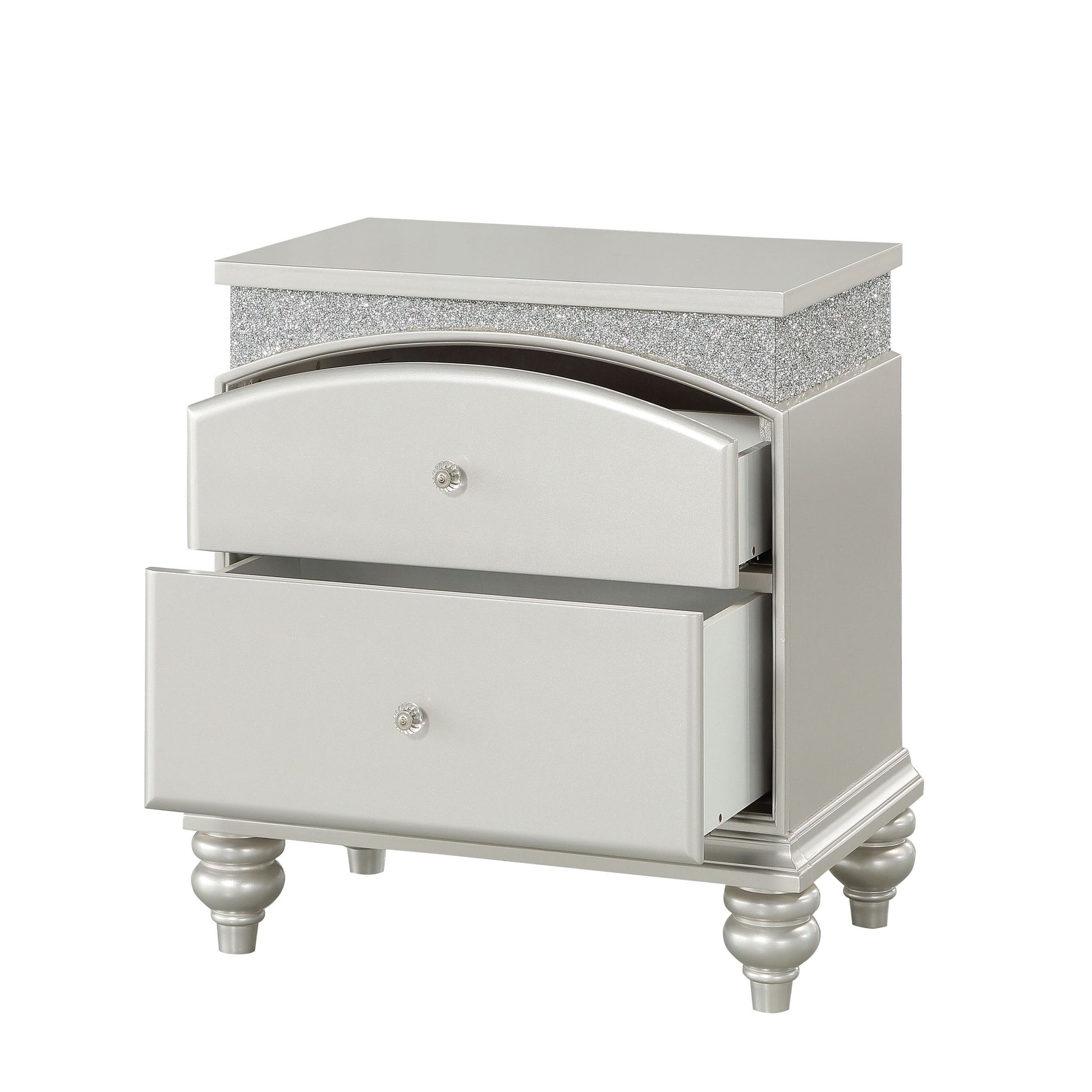 Silver mirrored nightstand with crystal knobs and decorative glitter accents