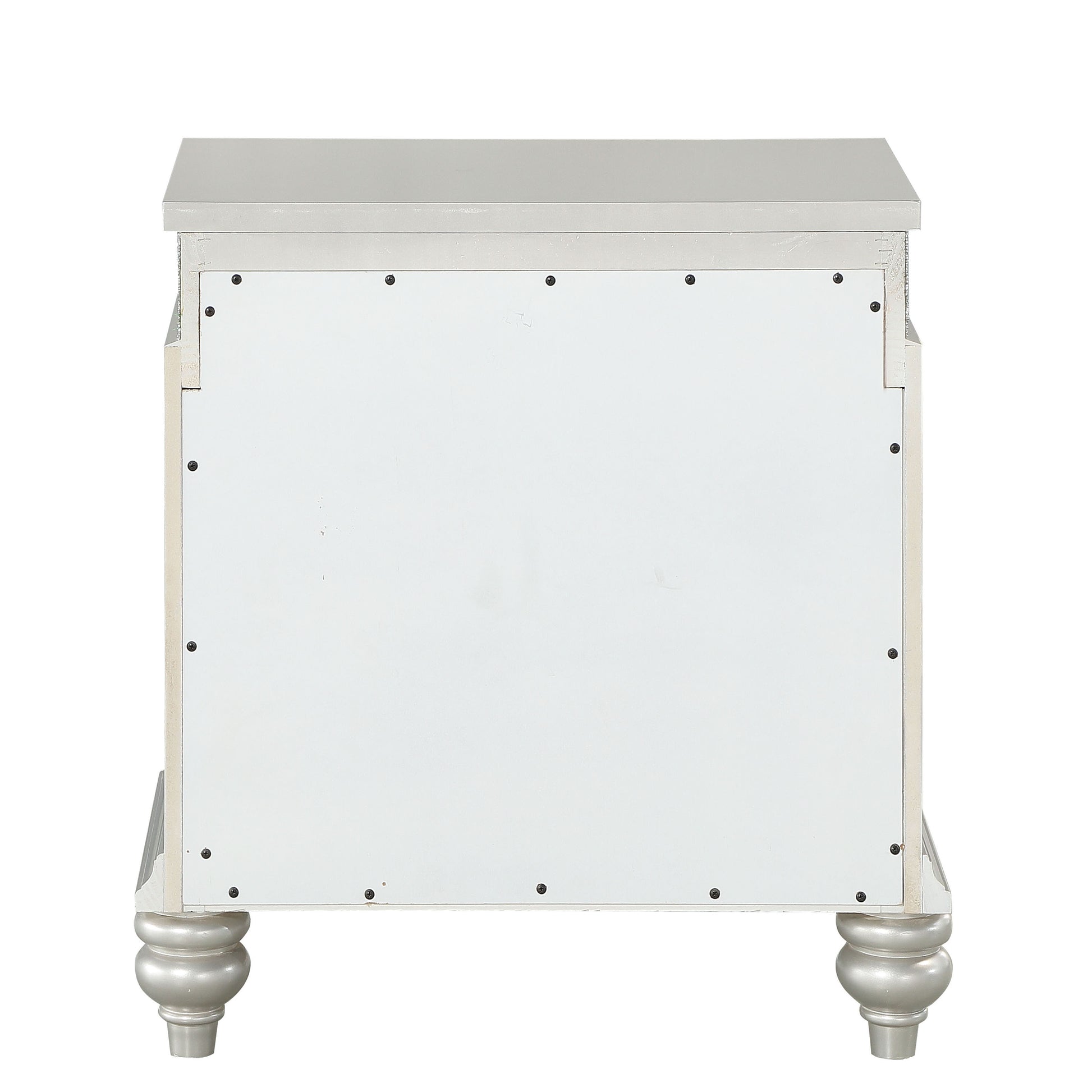 Silver carved wood nightstand with ornate turned legs and distressed finish